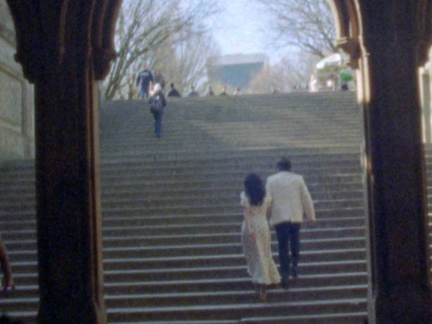 The couple climbing the stairs under the arches of Bethesda Terrace